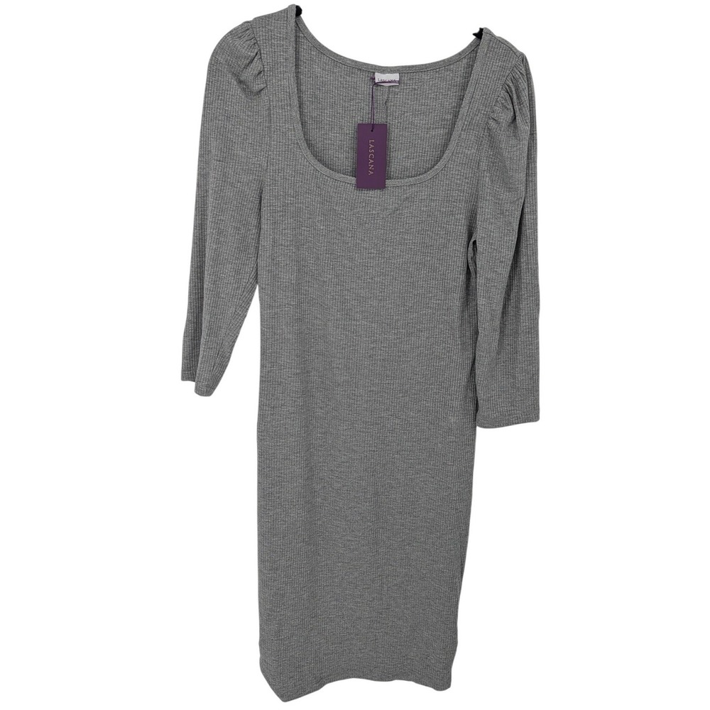LASCANA Dress Women 4 Gray Ribbed Knit Puff Sleeve Scoop Neck Midi Capsule NWT